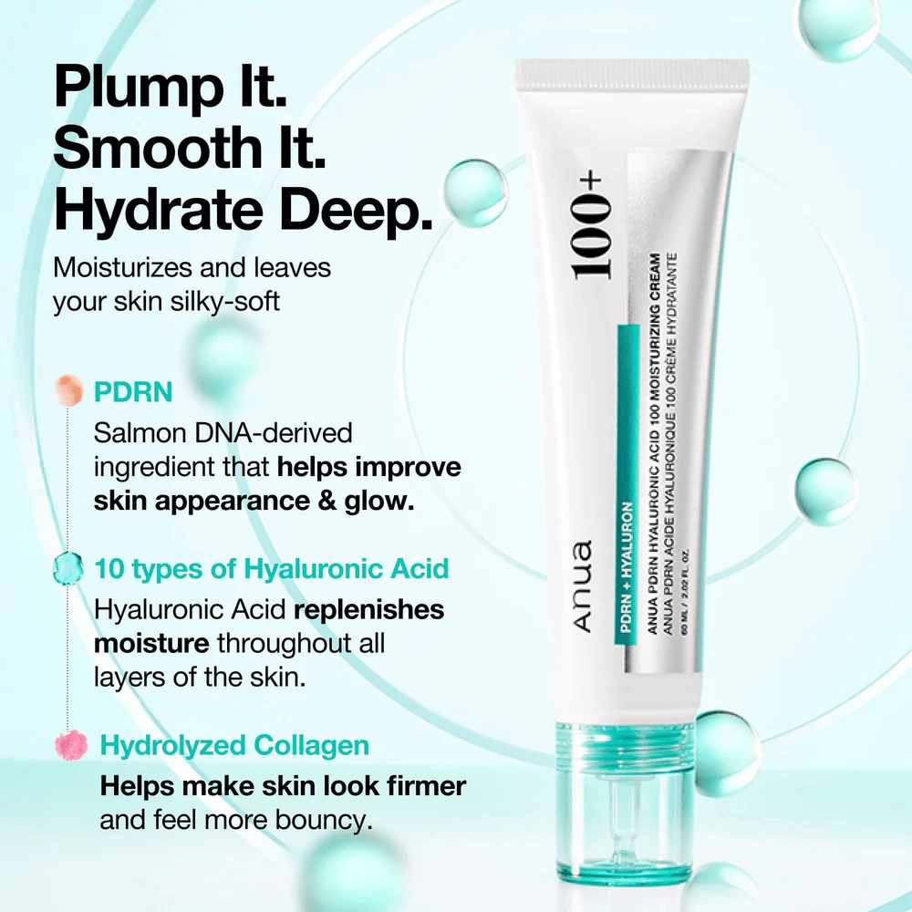 Anua PDRN Hyaluronic Acid 100 Moisturizing Cream med hyaluronsyra, PDRN och kollagen – återfuktar, jämnar ut och stärker huden.
