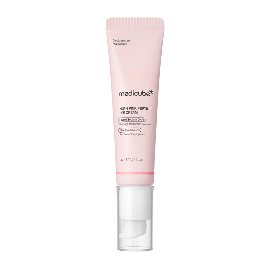 Medicube PDRN Pink Peptide Eye Cream i rosa tub, 30 ml. Ögonkräm med PDRN och 5 % niacinamid som piggar upp trött hud under ögonen och ger ett fastare intryck.
