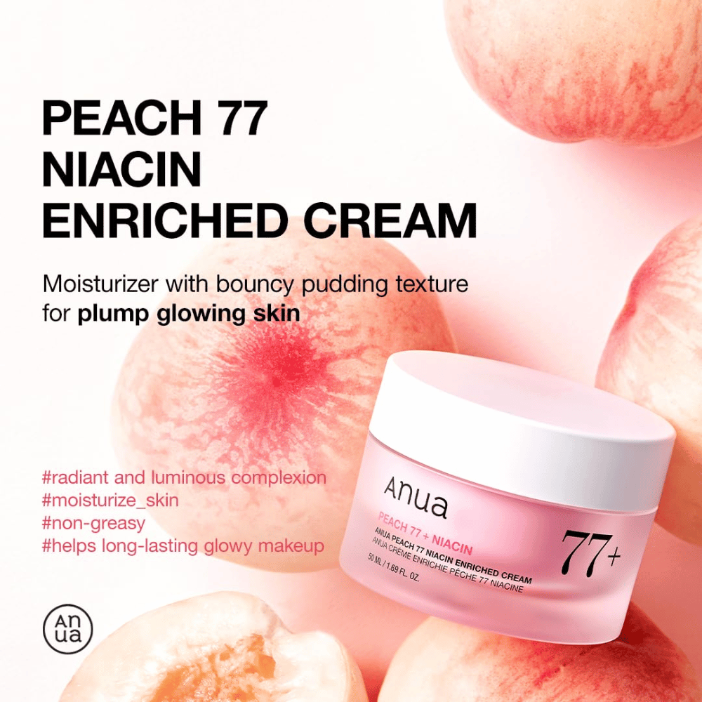 Anua Peach 77% Niacin Enriched Cream – puddingliknande fuktkräm som ger glow och fyllighet med 77 % persikoextrakt.