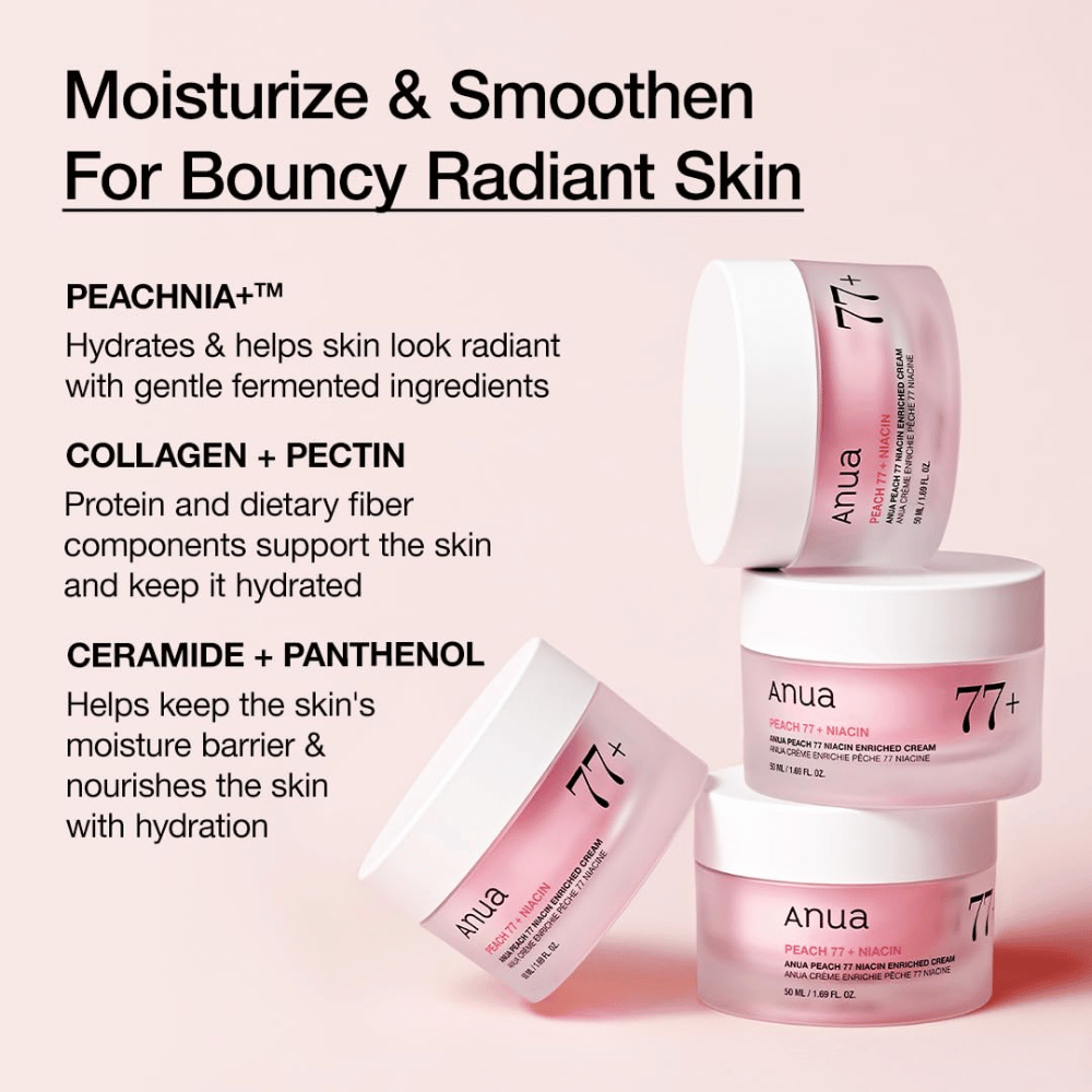 Anua Peach 77% Niacin Enriched Cream med PEACHNIA™, kollagen, pektin, ceramid och panthenol för återfuktad, smidig hud.