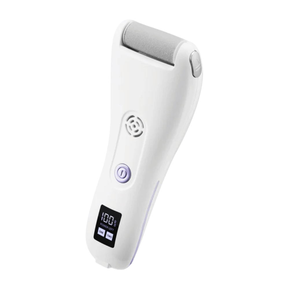 9. BAREN Pedi Mate Dual Power Vacuum Type Electric Callus Remover – vit uppladdningsbar elektrisk fotfil med digital display och lila detaljer