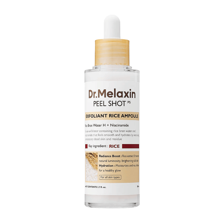 Dr.Melaxin Peel Shot Exfoliant Rice Ampoule i helbild mot vit bakgrund, exfolierande ansiktsserum med risextrakt och niacinamid för jämnare hudton och ökad lyster.