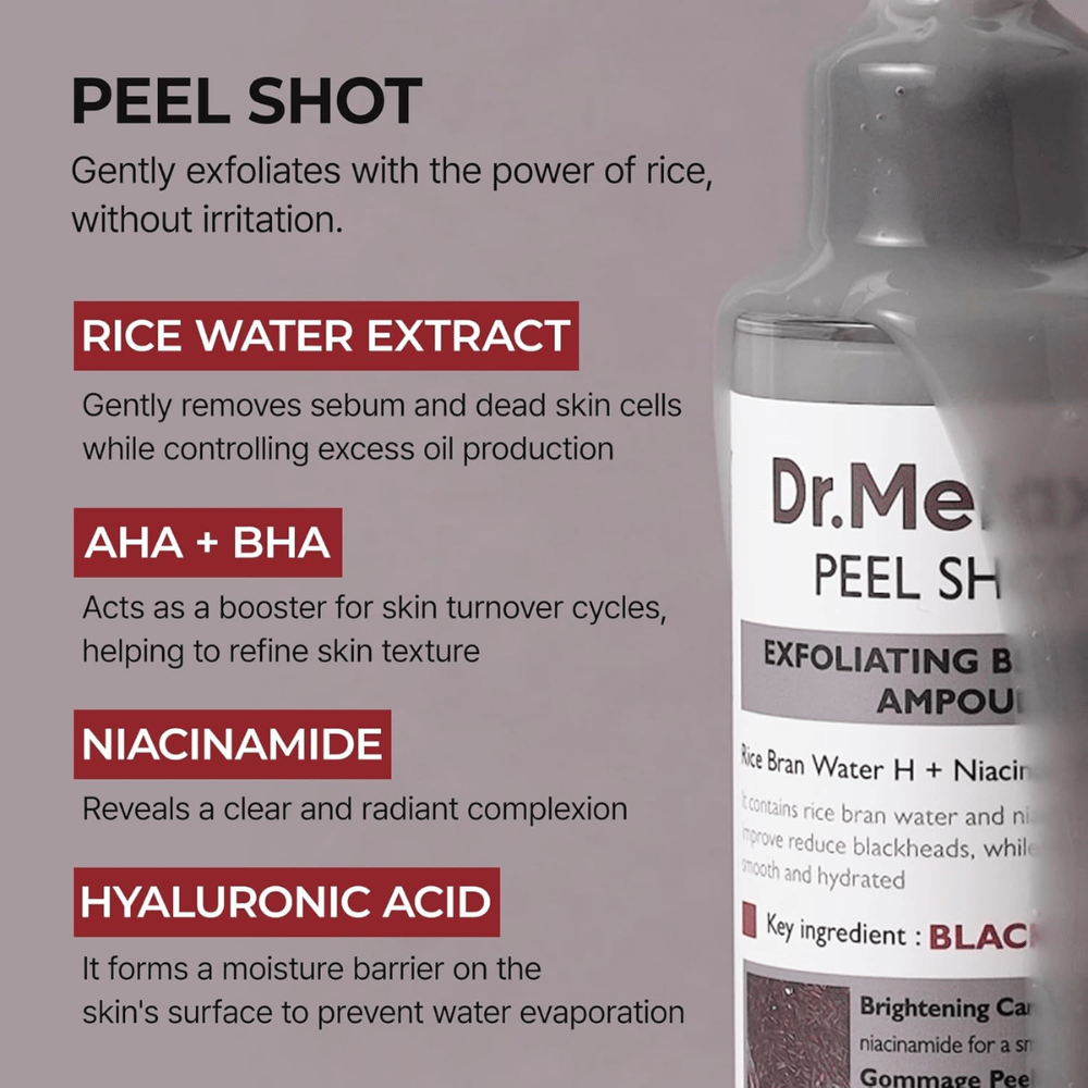 Dr.Melaxin Peel Shot Black Rice Ampoule med rice water extract, AHA BHA, niacinamide och hyaluronic acid för exfoliering och porförfining
