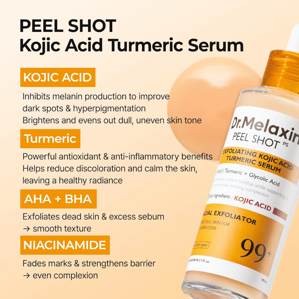 Exfolierande serum med kojic acid och gurkmeja som masseras in i huden för att reducera hyperpigmentering och ge lyster