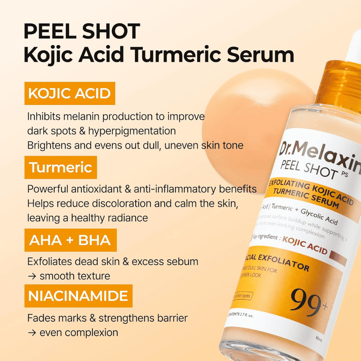 Exfolierande serum med kojic acid och gurkmeja som masseras in i huden för att reducera hyperpigmentering och ge lyster
