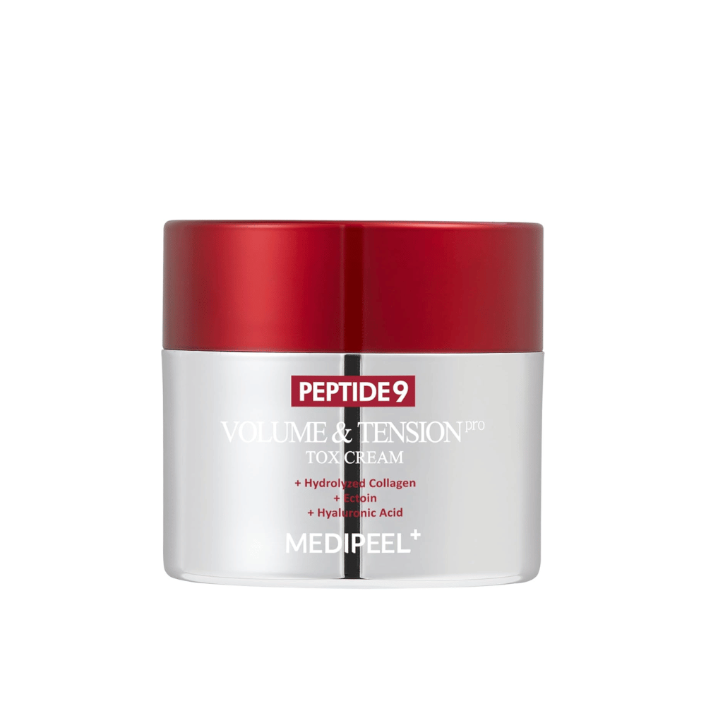 MEDI-PEEL Peptide 9 Volume & Tension Tox Cream i silverburk med rött lock. En anti-aging-kräm med peptider och kollagen som stärker hudens elasticitet.