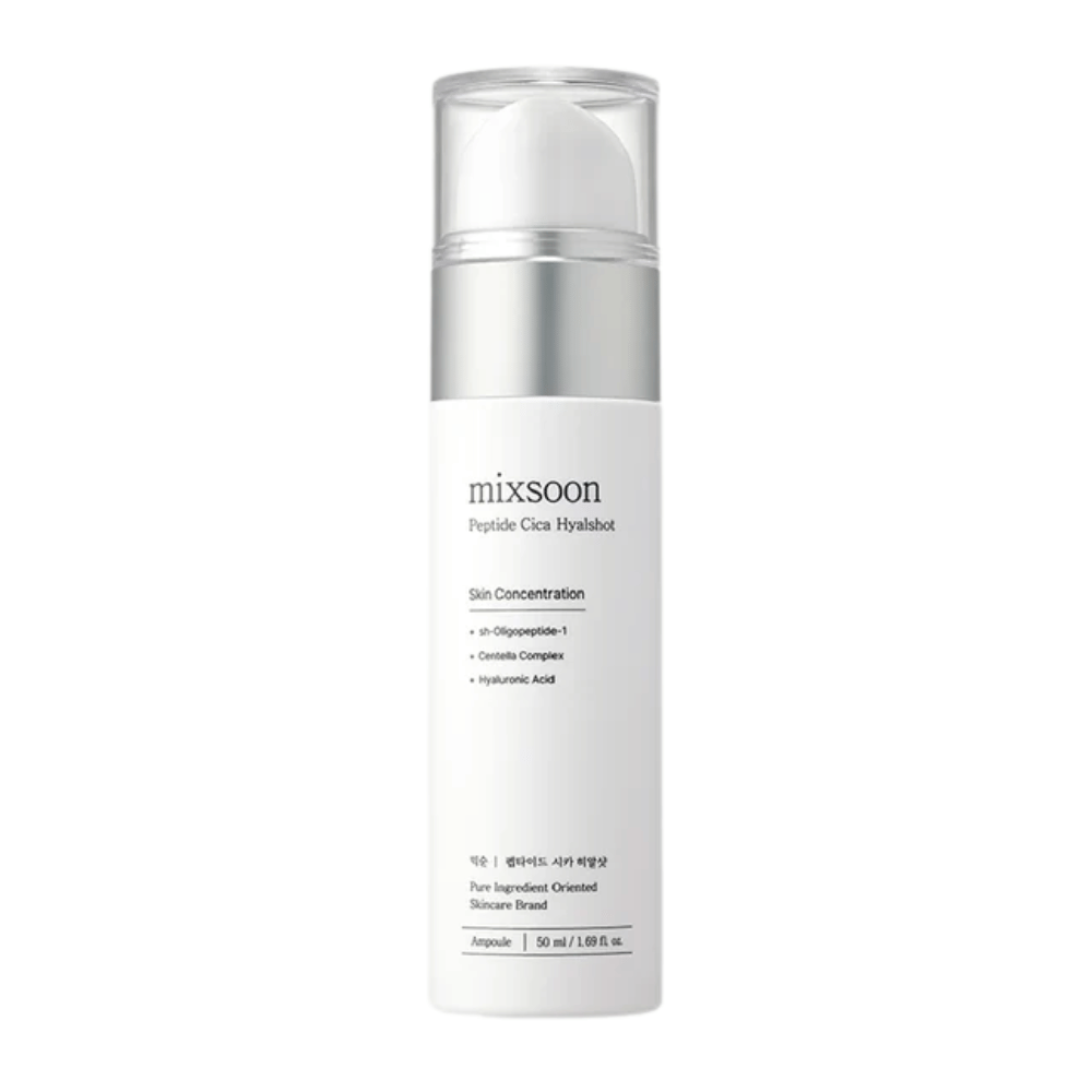 Mixsoon Peptide Cica Hyalshot – fuktgivande serum med centella och hyaluronsyra i stilren vit flaska med silverdetaljer. Passar känslig hud och bidrar till att stärka hudbarriären.