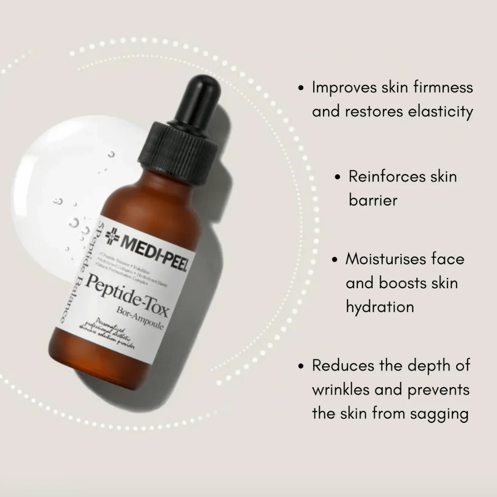 MEDI-PEEL Peptide-Tox Bor Ampoule – koreanskt ansiktsserum med peptider som förbättrar hudens fasthet, stärker hudbarriären, återfuktar på djupet och minskar synliga rynkor.