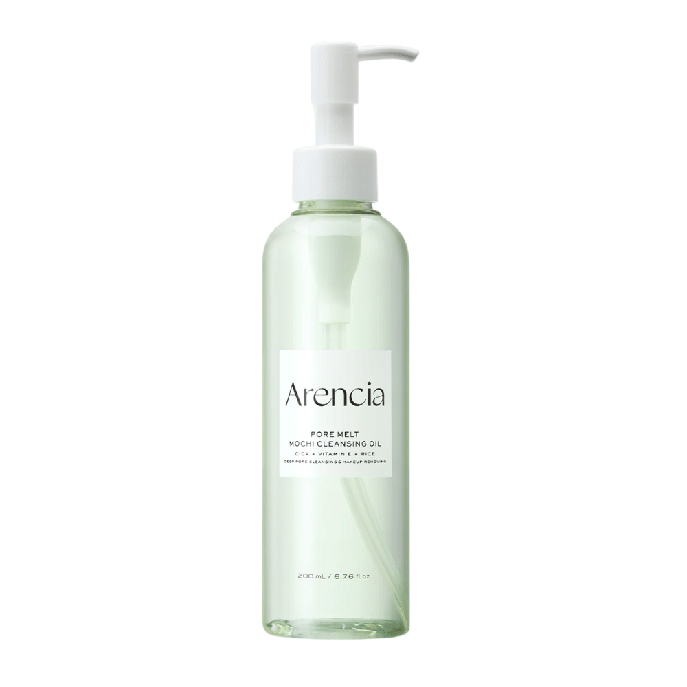Arencia Pore Melt Mochi Cleansing Oil i helbild mot vit bakgrund, koreansk oljerengöring med pumpflaska som rengör porer och tar bort makeup utan irritation.
