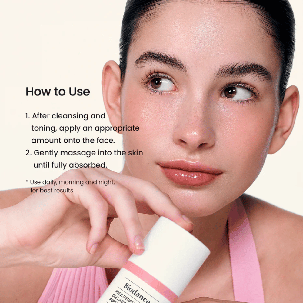 Biodance Pore Perfecting Collagen Peptide Cream applicering efter rengöring – återfuktande och uppstramande ansiktskräm med peptider och kollagen