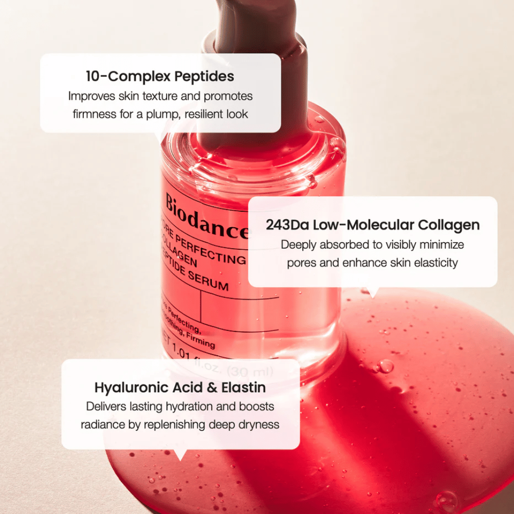 Biodance Pore Perfecting Collagen Peptide Serum med peptider, kollagen och hyaluronsyra för fastare hud.