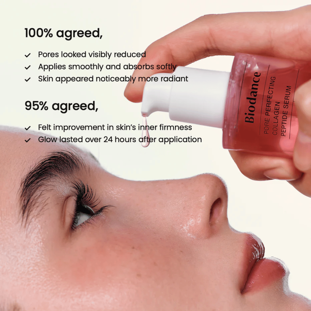 Biodance Collagen Peptide Serum appliceras på ansiktet – uppstramande serum för minskade porer och ökad lyster.