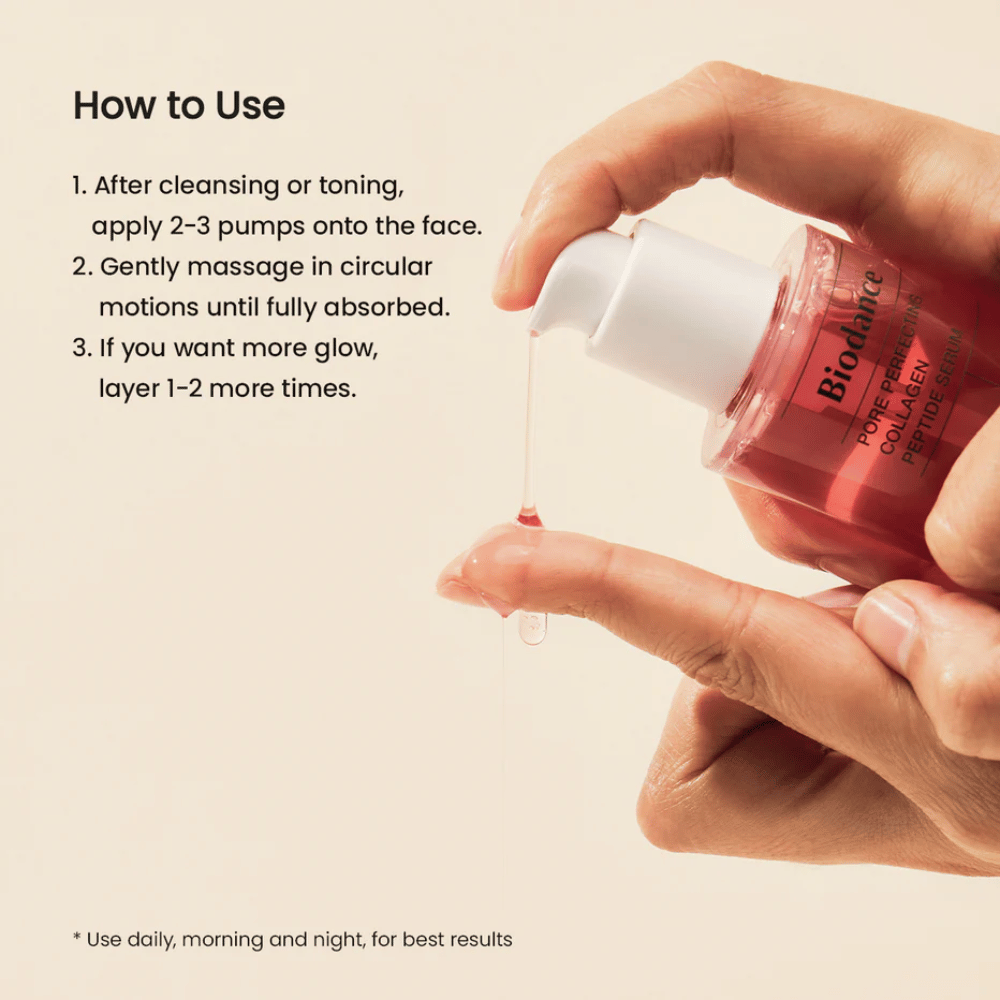 Biodance Pore Perfecting Collagen Peptide Serum appliceras – porförminskande serum med kollagen och peptider.