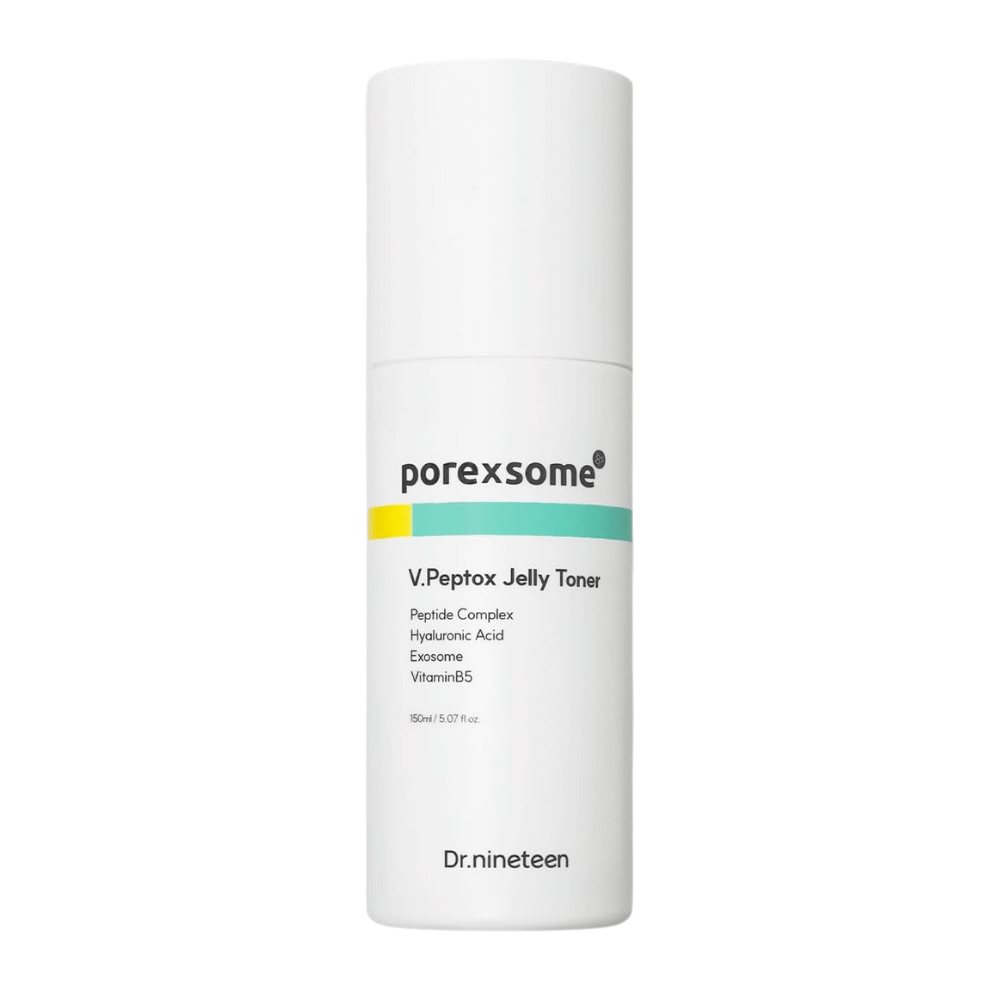 Produktbild av Dr.nineteen Porexsome V.Peptox Jelly Toner i vit flaska. En återfuktande toner med peptider, exosomer och vitamin B5.