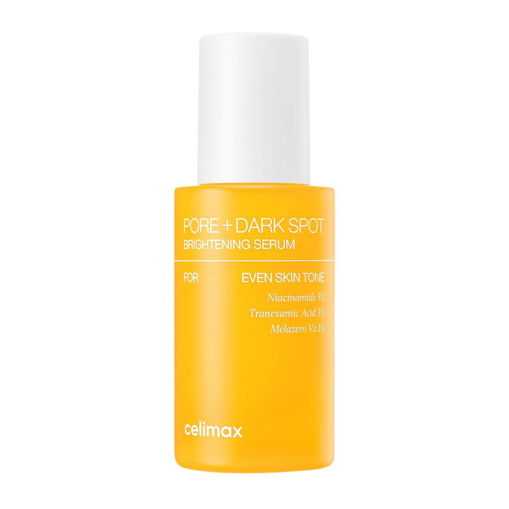 Celimax Pore + Dark Spot Brightening Serum i stående gul flaska med vit kork, innehåller niacinamid, tranexaminsyra och Melazero.