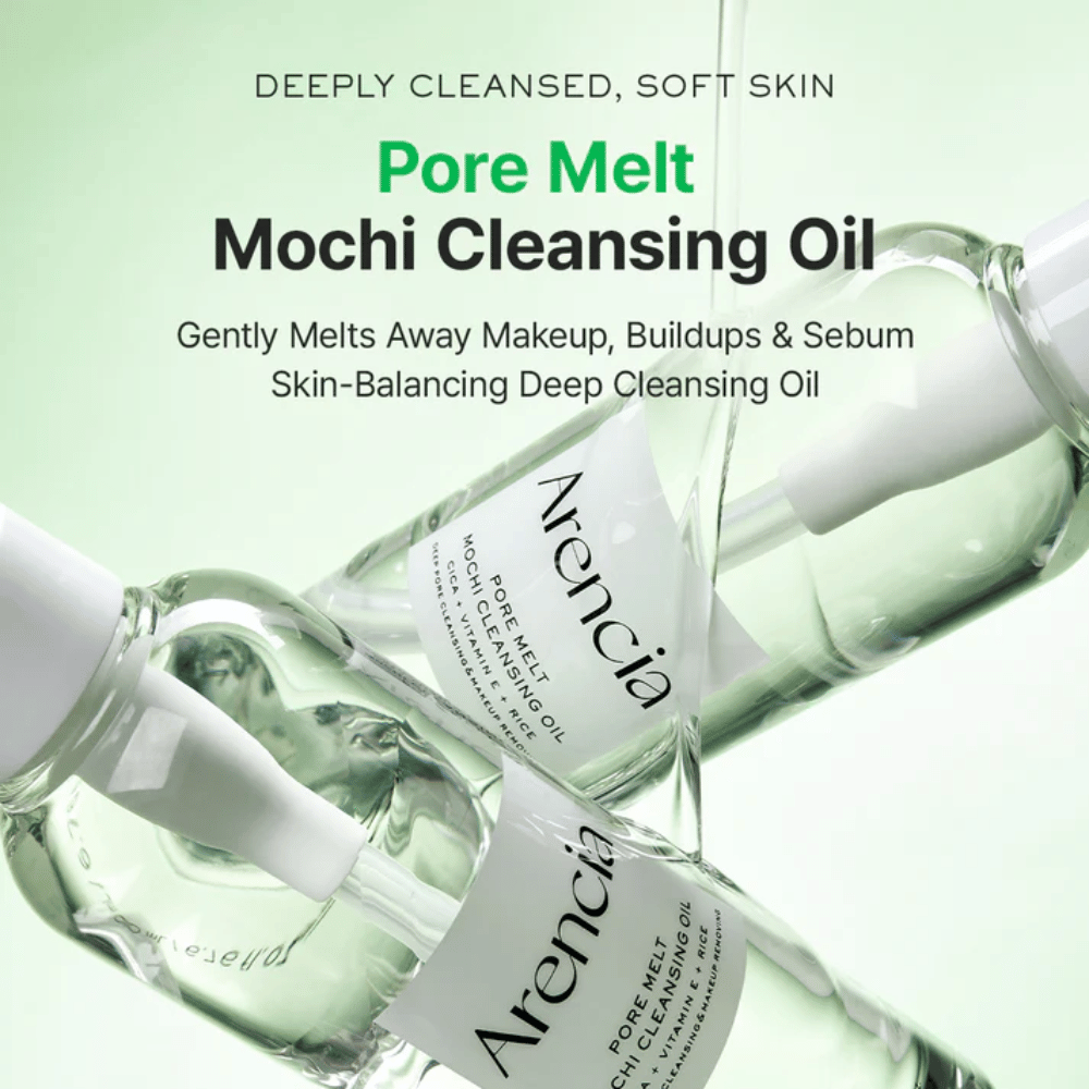 Produktbild med fördelar för Arencia Pore Melt Mochi Cleansing Oil, smälter bort makeup och talg, stödjer hudbarriären och lämnar huden mjuk utan stramhet.
