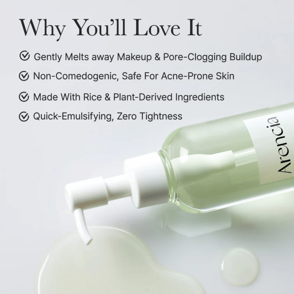 Informationsbild om Arencia Pore Melt Mochi Cleansing Oil som 100 % porvänlig och icke-komedogen, framtagen för känslig och aknebenägen hud.