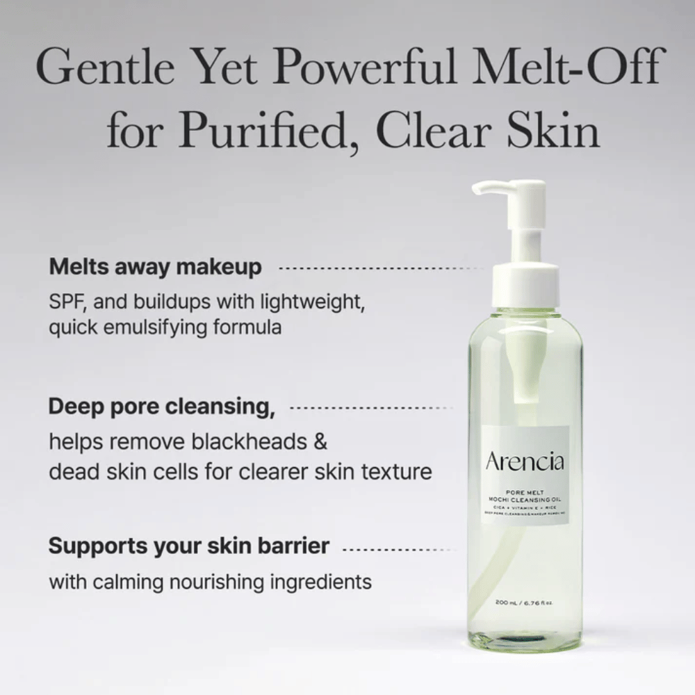 Arencia Pore Melt Mochi Cleansing Oil i helbild med text om djuprengöring, löser makeup, SPF och orenheter samtidigt som hudens fuktbalans bevaras.
