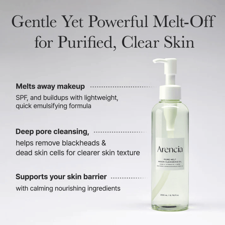 Arencia Pore Melt Mochi Cleansing Oil i helbild med text om djuprengöring, löser makeup, SPF och orenheter samtidigt som hudens fuktbalans bevaras.