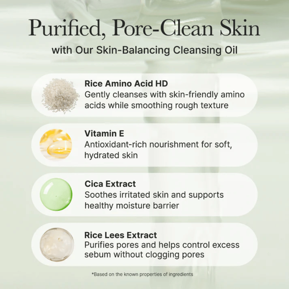 Ingrediensöversikt för Arencia Pore Melt Mochi Cleansing Oil med rice amino acid, vitamin E, cica-extrakt och rice lees extract för skonsam rengöring och stärkt hudbarriär.