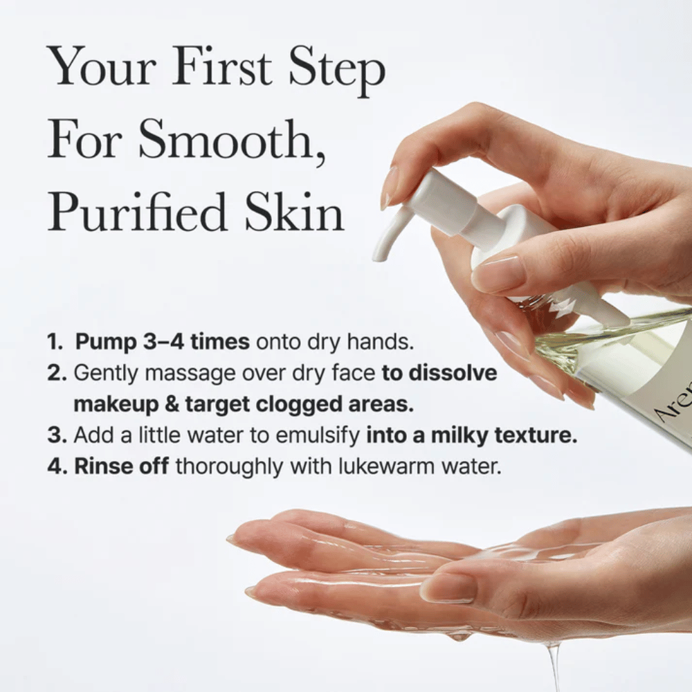 Instruktionsbild som visar hur Arencia Pore Melt Mochi Cleansing Oil används som första steg i rengöringsrutinen för slätare, renare och mer balanserad hud.