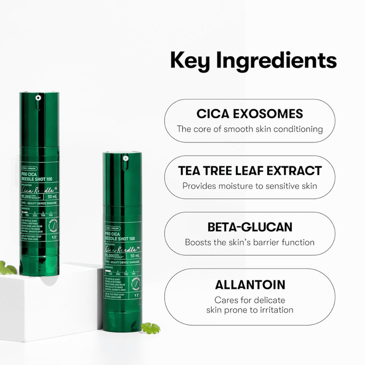 VT Cosmetics Pro Cica Reedle Shot 100 med nyckelingredienser som CICA exosomes, tea tree-extrakt, beta-glukan och allantoin för lugnande och barriärstärkande hudvård