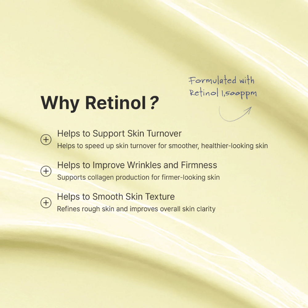 Guidebild som förklarar hur retinol bör introduceras i hudvårdsrutinen. Fokus ligger på att använda en ärtstor mängd, börja 1–2 gånger per vecka och applicera på kvällen. Bilden innehåller även viktig information om försiktighet vid graviditet, amning och eventuell irritation.