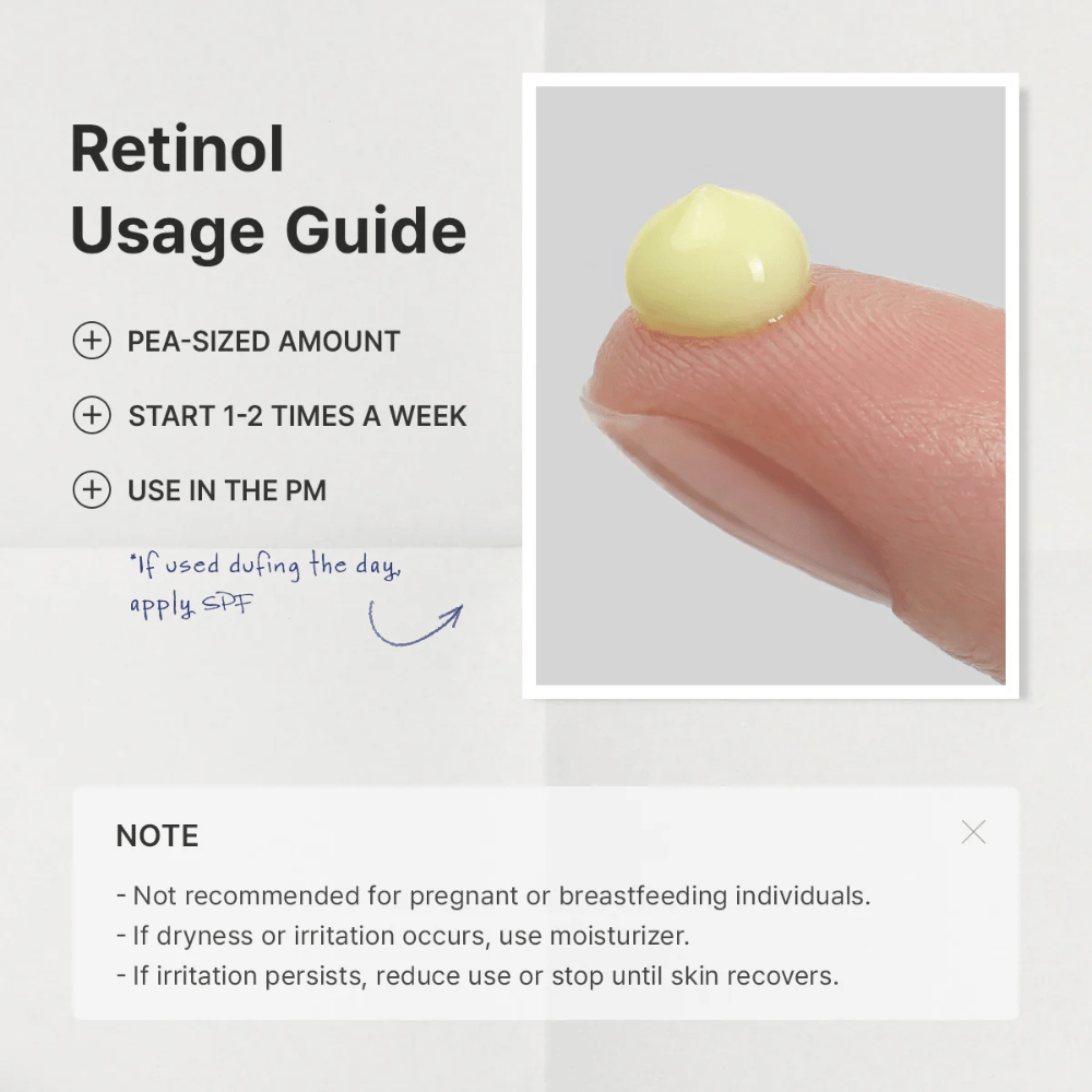 Guidebild som förklarar hur retinol bör introduceras i hudvårdsrutinen. Fokus ligger på att använda en ärtstor mängd, börja 1–2 gånger per vecka och applicera på kvällen. Bilden innehåller även viktig information om försiktighet vid graviditet, amning och eventuell irritation.