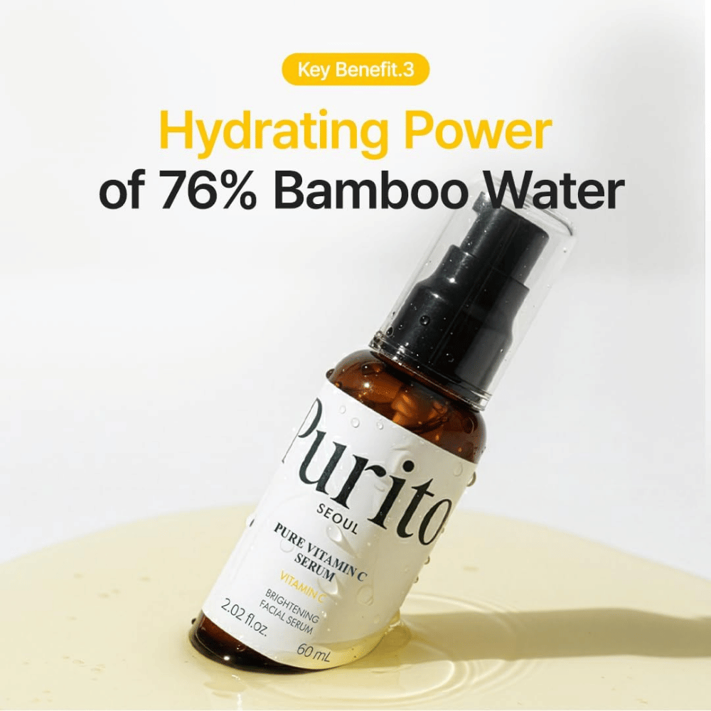 Purito SEOUL Pure Vitamin C Serum med 76 % bambuvatten som hjälper till att återfukta huden samtidigt som serumet ger lyster.