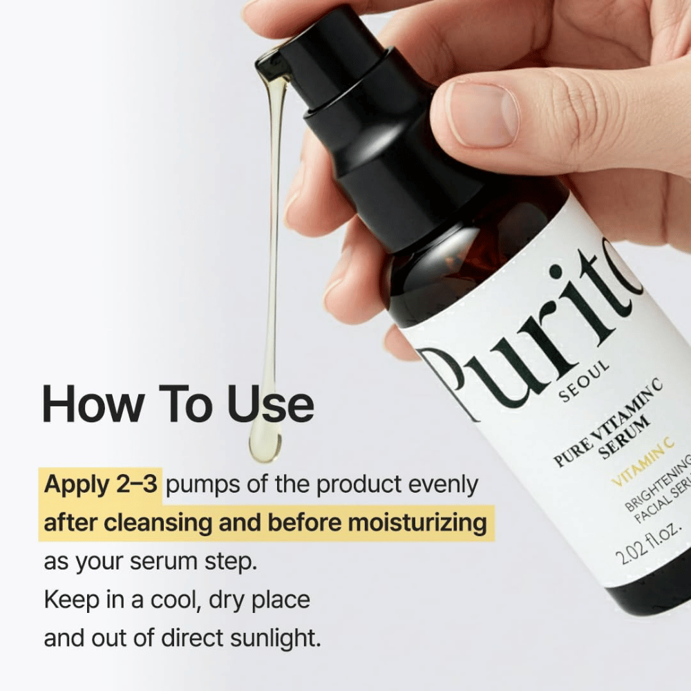 Så använder du Purito SEOUL Pure Vitamin C Serum – applicera 2–3 pump efter rengöring och före ansiktskräm som serumsteget i hudvårdsrutinen.