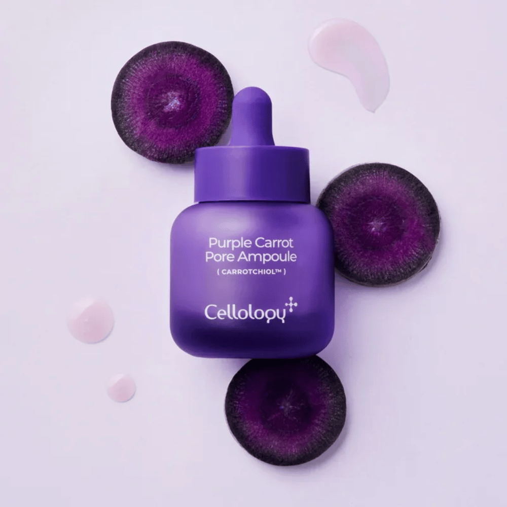 Cellology Purple Carrot Pore Ampoule med lila morot och Carrotchiol för porvård och en slätare hudkänsla.
