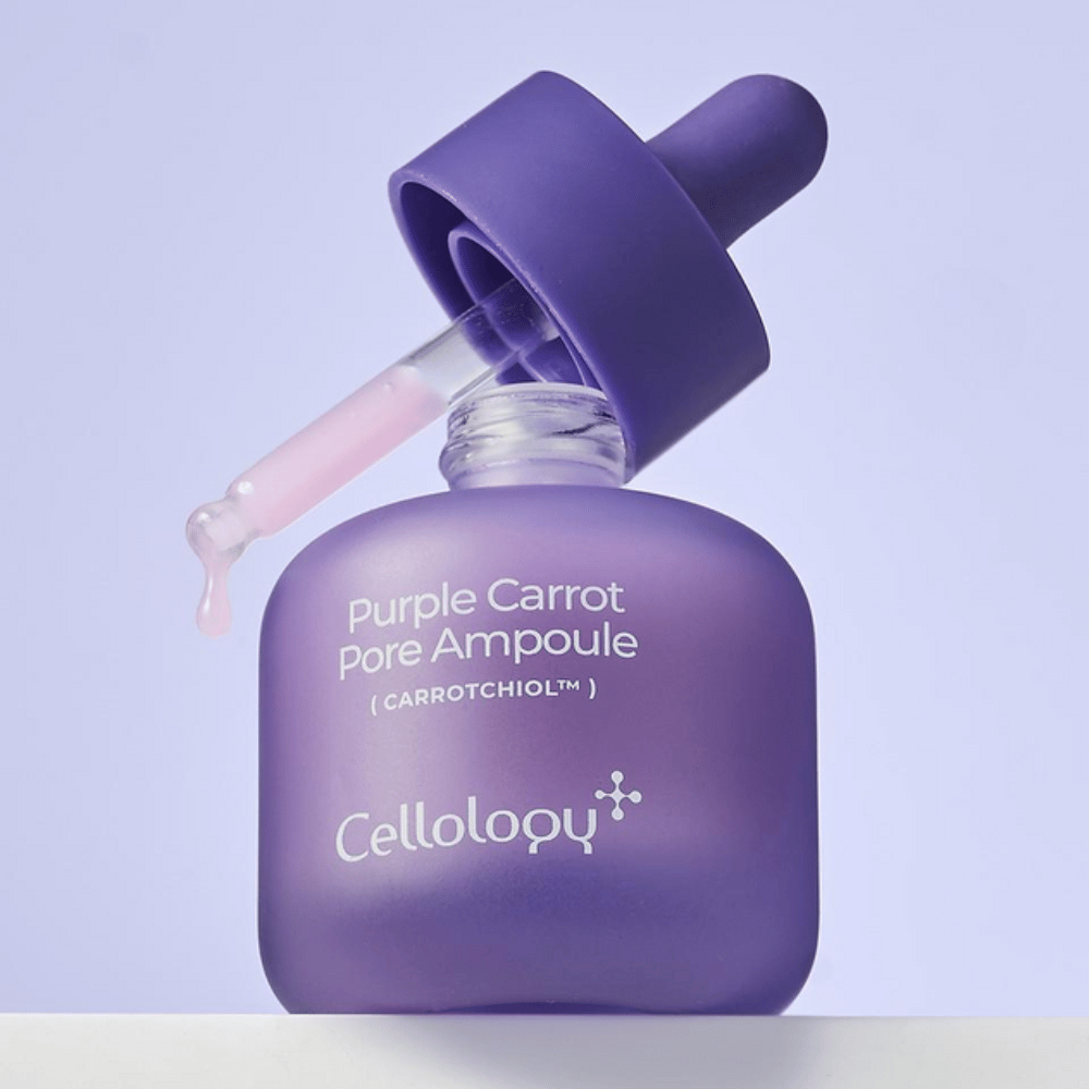 Cellology Purple Carrot Pore Ampoule med pipett som visar ampullens mjuka, krämiga konsistens.