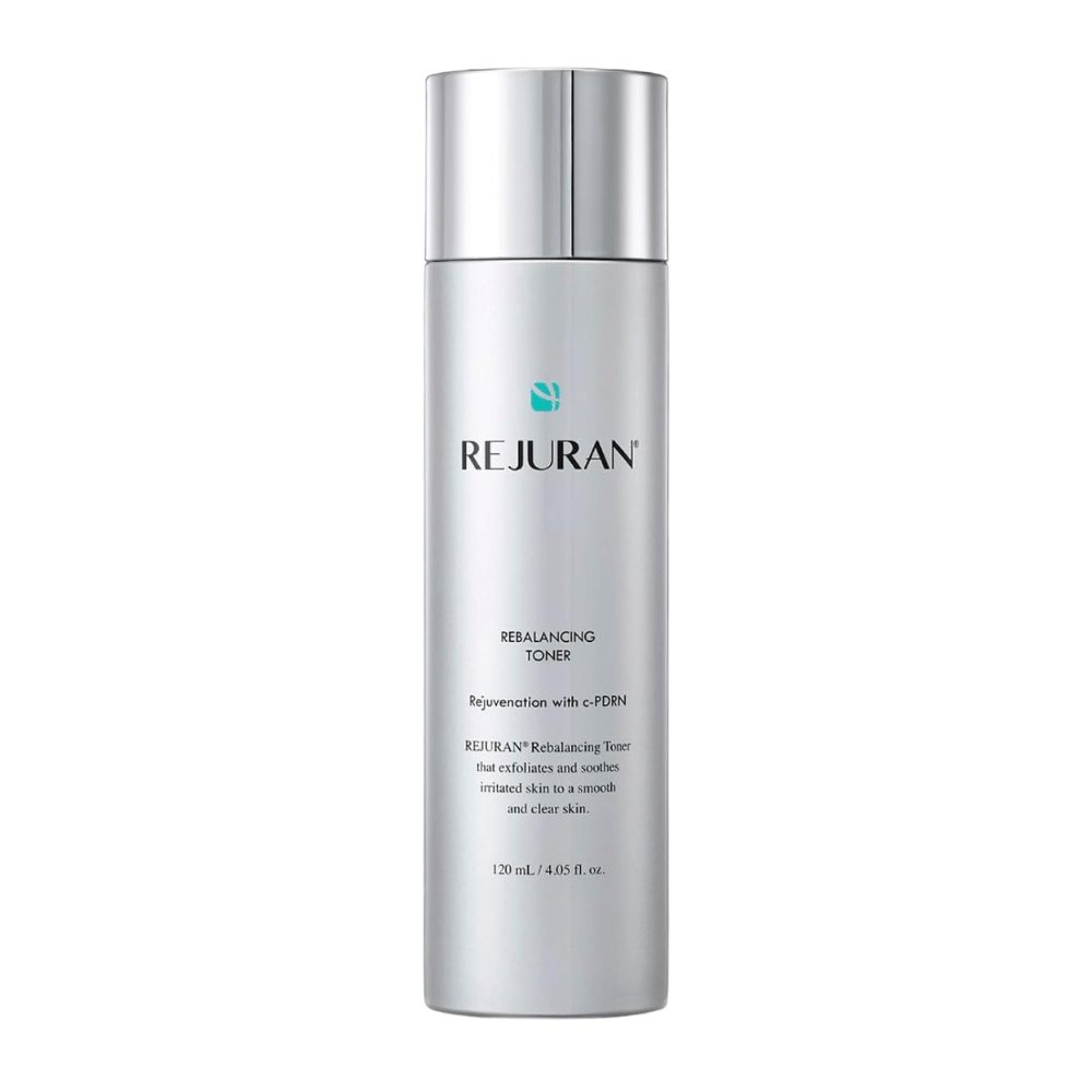 Rejuran Rebalancing Toner 120 ml, balanserande ansiktsvatten med C-PDRN i en silverfärgad flaska med blank kork mot vit bakgrund.