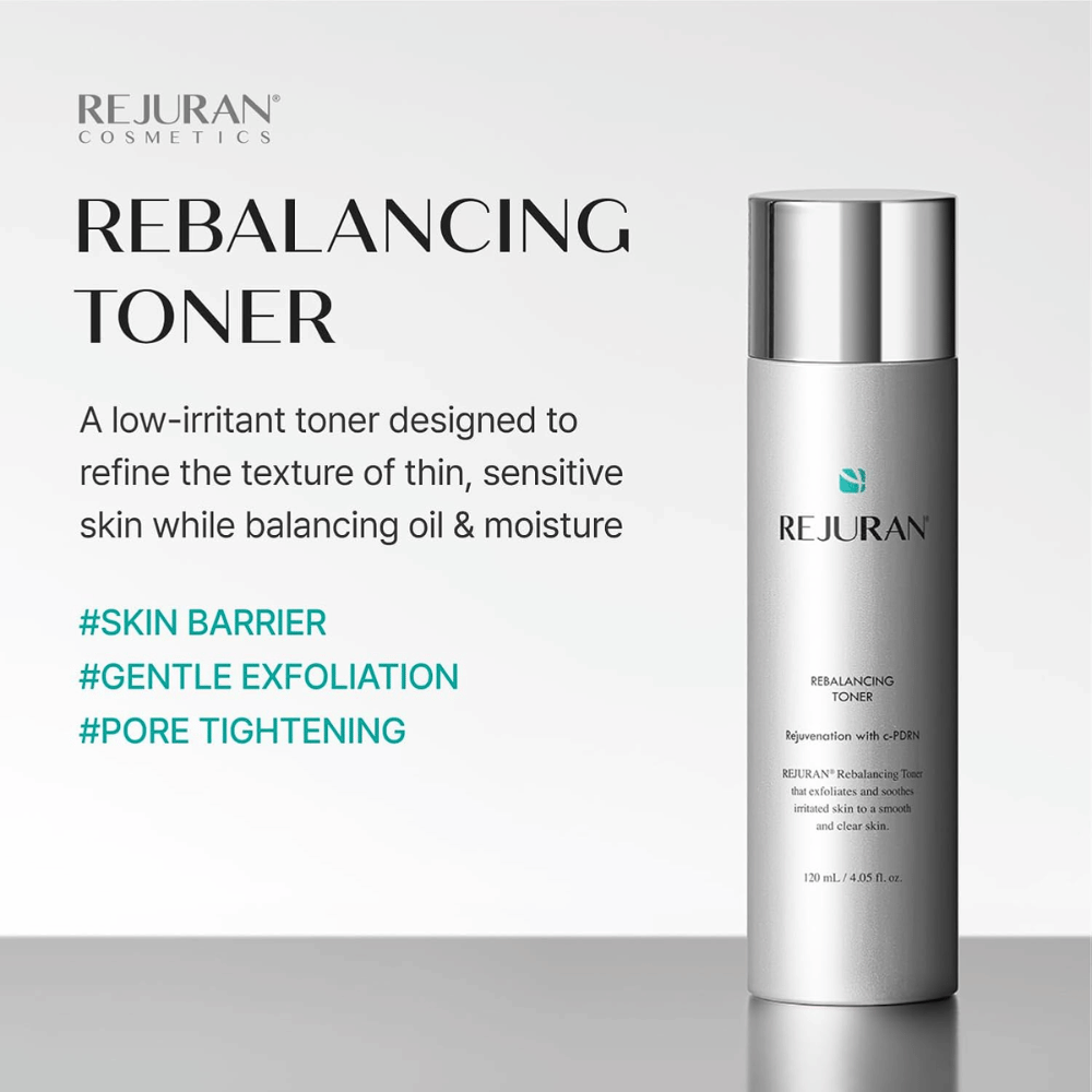 Rejuran Rebalancing Toner 120 ml, milt exfolierande ansiktsvatten med C-PDRN för känslig hud. Silverfärgad flaska med produktfördelar.