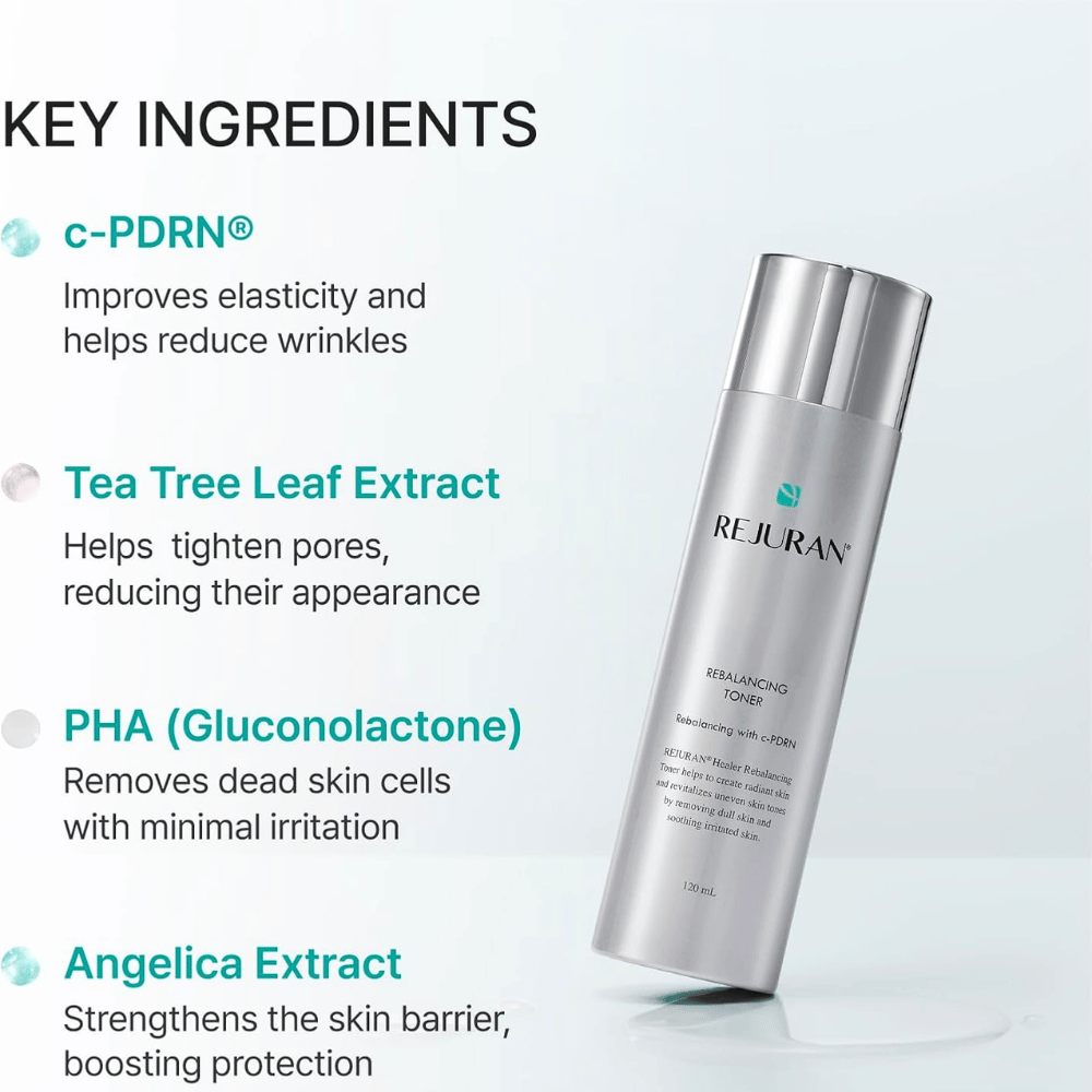 Rejuran Rebalancing Toner 120 ml med C-PDRN, tea tree-extrakt, PHA och angelikaextrakt. Silverfärgad flaska med ingrediensöversikt.