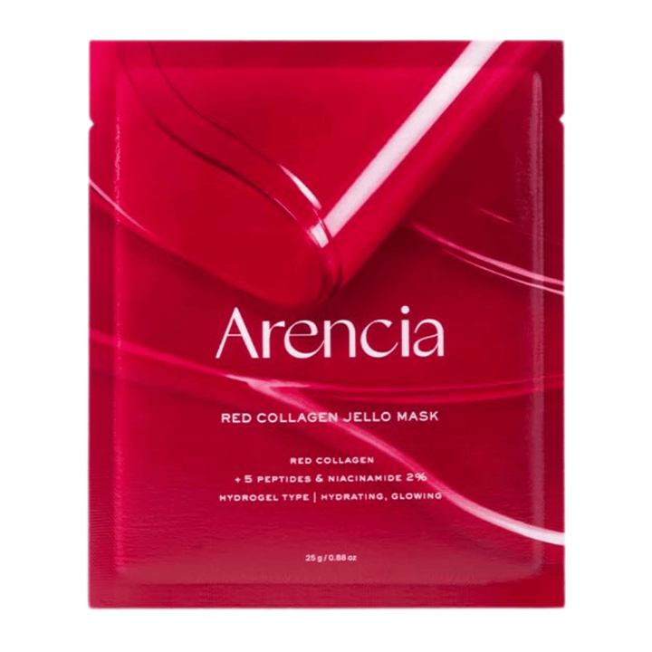 Närbild på Arencia Red Collagen Jello Mask som visar den geléliknande konsistensen och serumrika masken för intensiv kollagenvård.