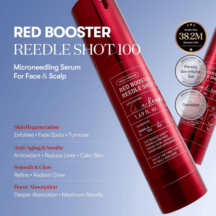 VT Cosmetics Red Booster Reedle Shot 100 microneedling-serum för ansikte och hårbotten, designad för hudförnyelse, ökad absorption, anti-age-effekt, jämnare hudton och naturlig glow.