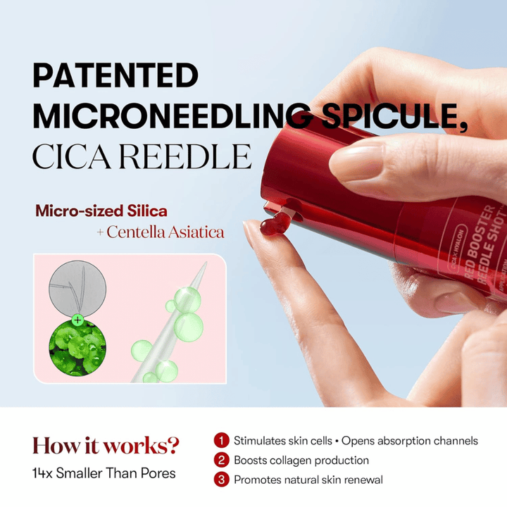 Närbild på VT Cosmetics Red Booster Reedle Shot 100 som visar patenterad microneedling-spicule med CICA Reedle, mikroskopisk silica och Centella Asiatica som stimulerar hudförnyelse och kollagen.