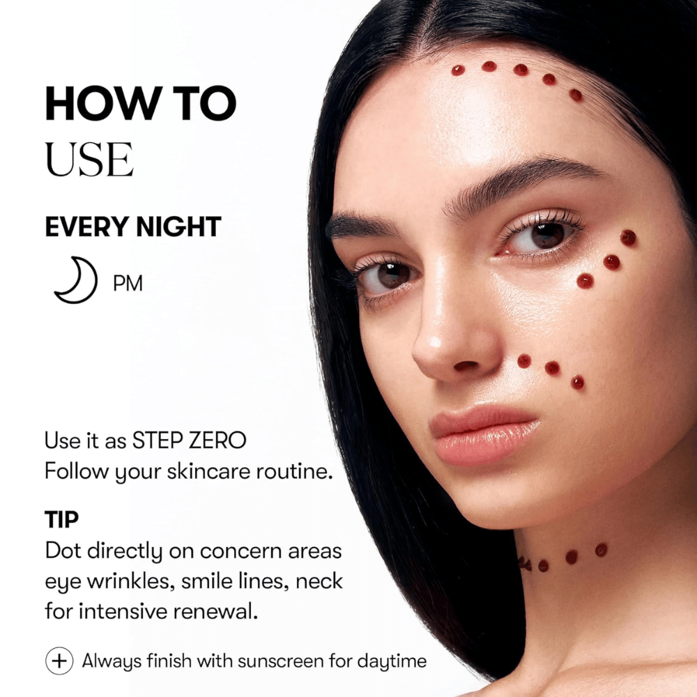 Modell visar hur VT Cosmetics Red Booster Reedle Shot 100 appliceras punktvis i ansiktet på kvällen, som första steg i hudvårdsrutinen, för intensiv förnyelse av rynkor, linjer och hudstruktur.