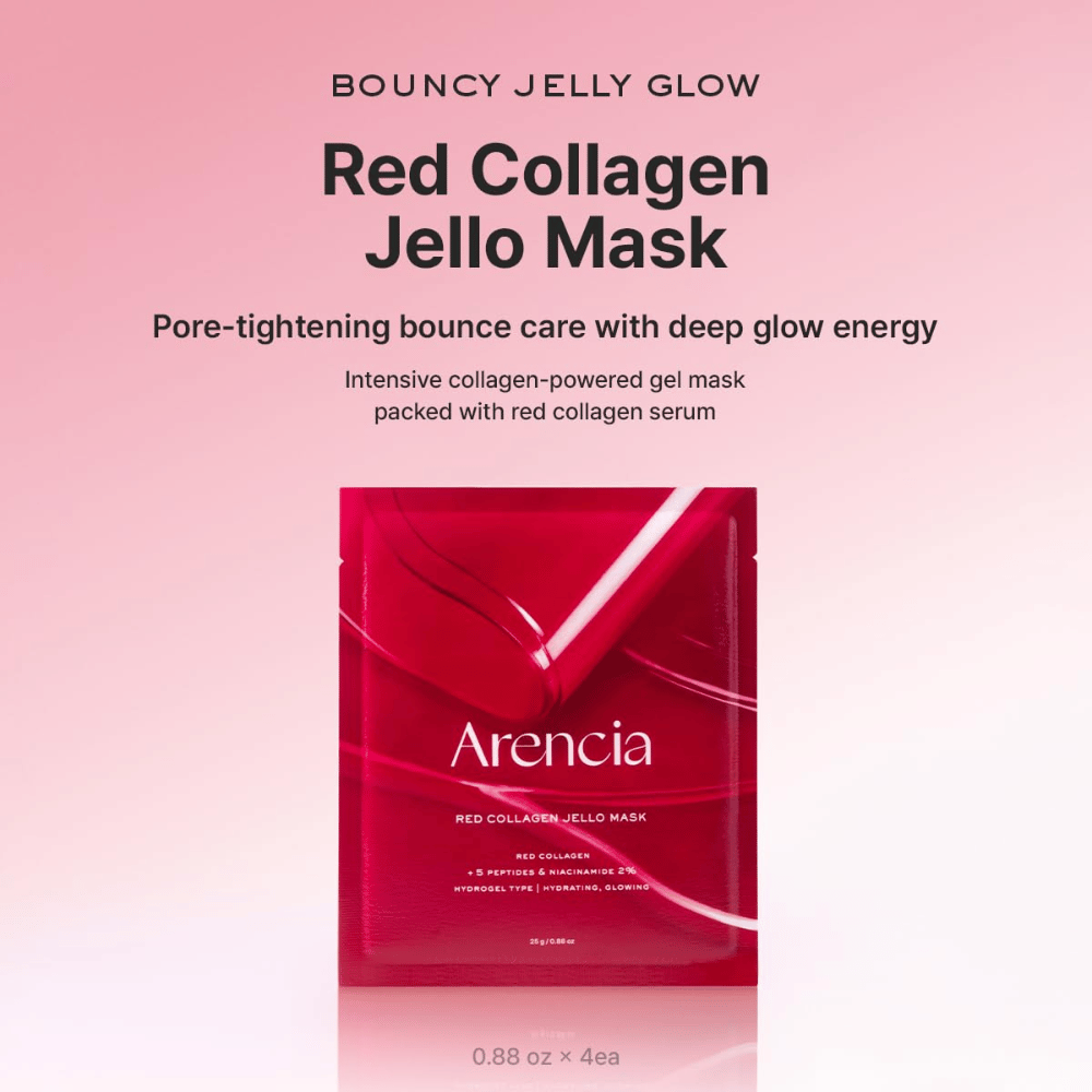 Arencia Red Collagen Jello Mask i originalförpackning – koreansk hydrogelmask med rött kollagen och peptider för plumpad, återfuktad och strålande hud.