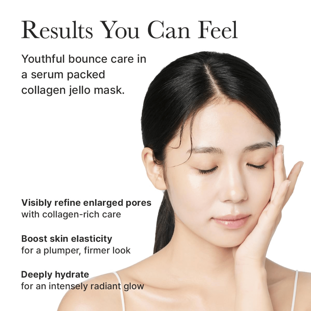 Resultat av Arencia Red Collagen Jello Mask – synligt fastare hud, förbättrad elasticitet, minimerade porer och intensiv återfuktning med glow.