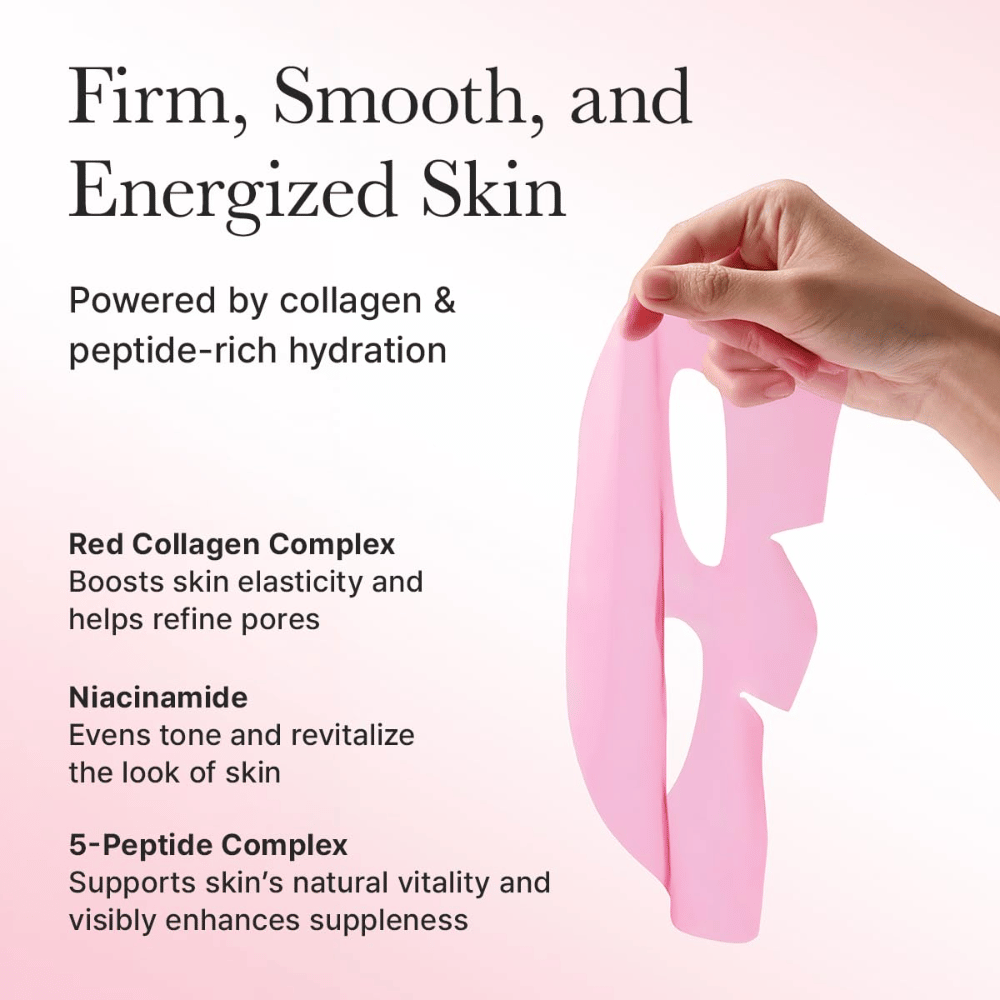 Fördelar med Arencia Red Collagen Jello Mask – berikad med rött kollagen, niacinamid och peptider som stärker elasticitet, jämnar hudton och ger energi till huden.