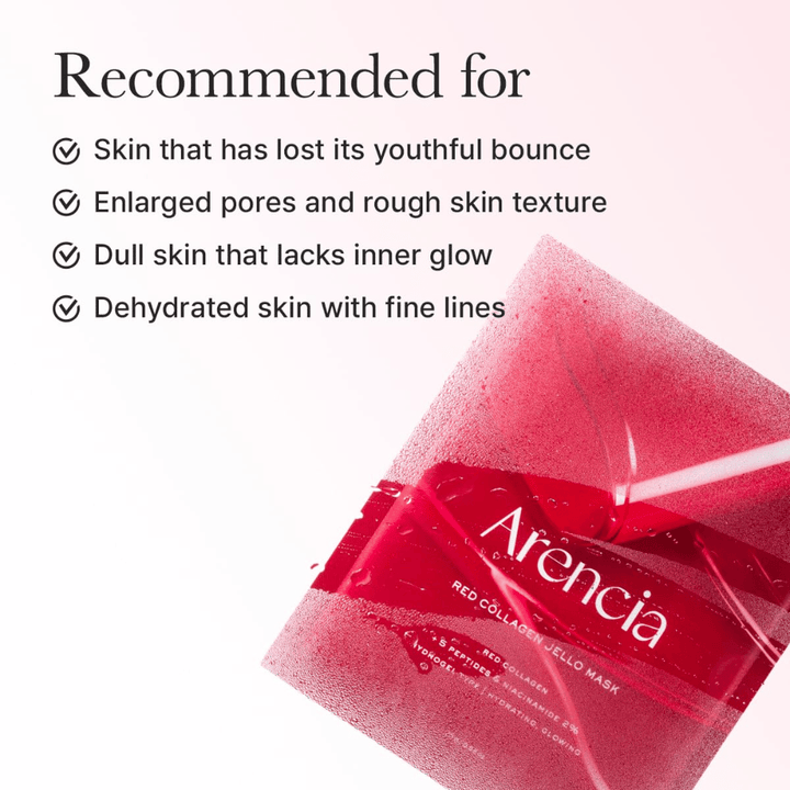 Arencia Red Collagen Jello Mask rekommenderas för trött hud, förstorade porer, ojämn hudstruktur och uttorkad hud med fina linjer.