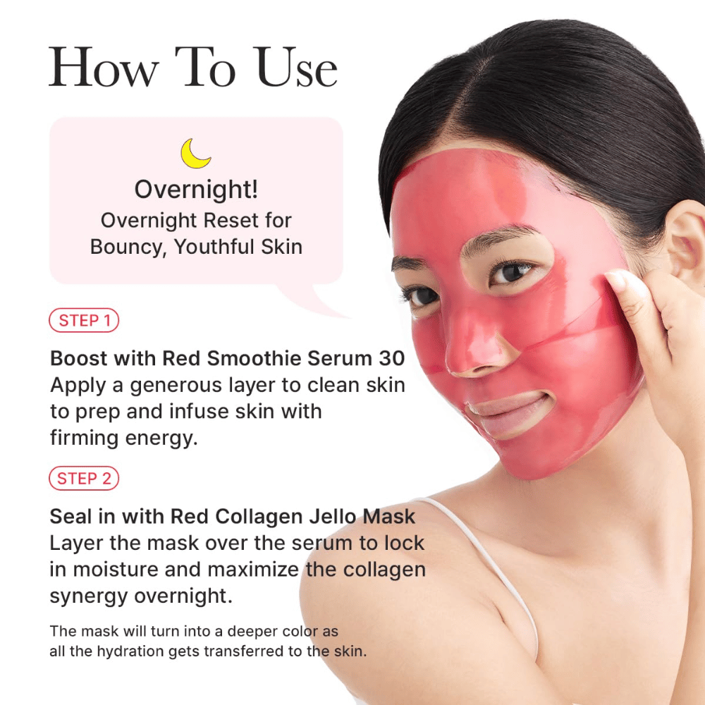 Användningsguide för Arencia Red Collagen Jello Mask som nattmask – appliceras efter serum för att ge spänst, djup återfuktning och ungdomlig hud över natten.
