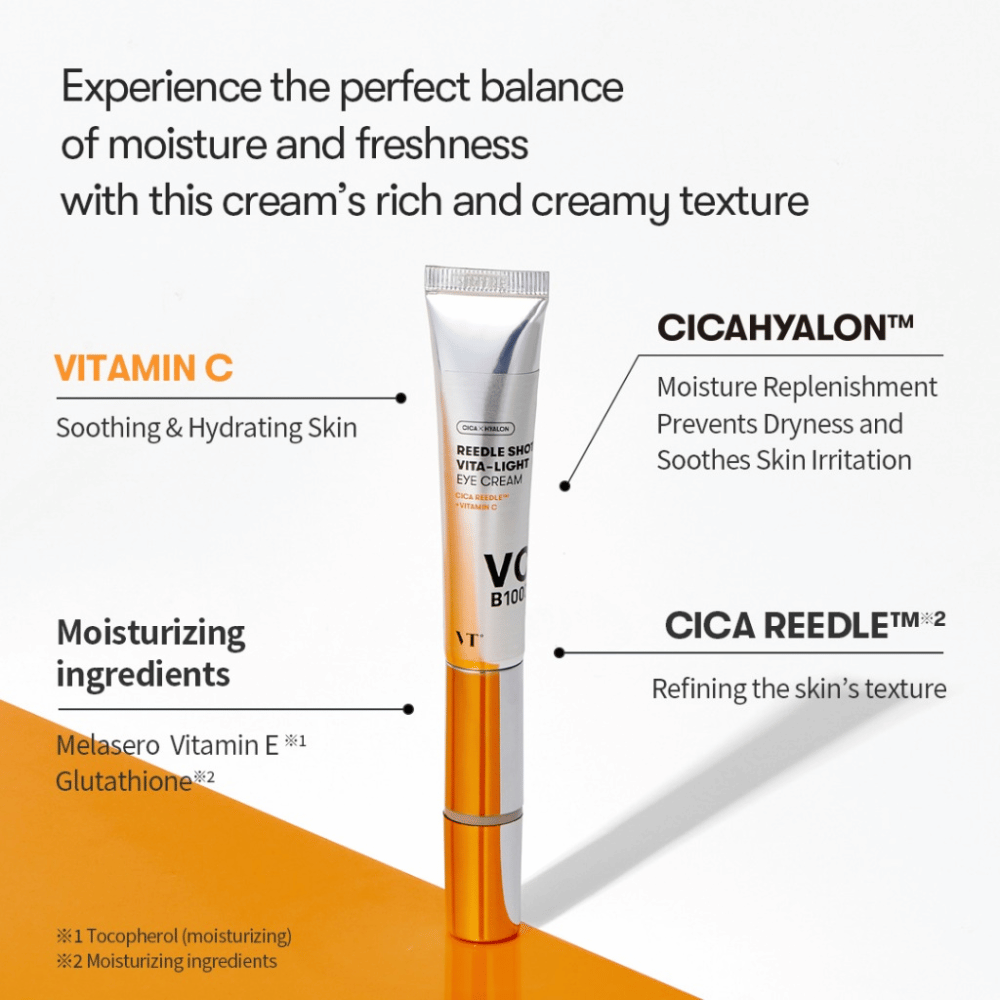 VT Reedle Shot Vita-Light Eye Cream med vitamin C, E och CICA-komplex – ögonkräm i metallisk tub som återfuktar, lugnar och förbättrar hudens struktur.