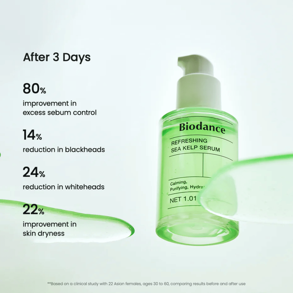 Resultat efter 3 dagar med Biodance Sea Kelp Serum – minskad talgproduktion och reducerade pormaskar.