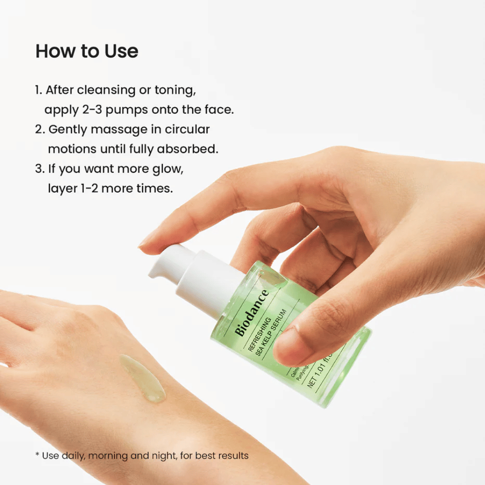 Biodance Refreshing Sea Kelp Serum appliceras på handen – lugnande och talgreglerande serum med havstång.