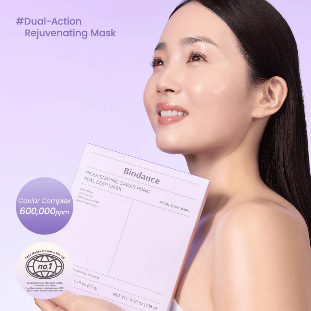 Produktbild av Biodance Rejuvenating Caviar PDRN Real Deep Mask – lila sheet mask-förpackning med kaviar, PDRN och återfuktande formula