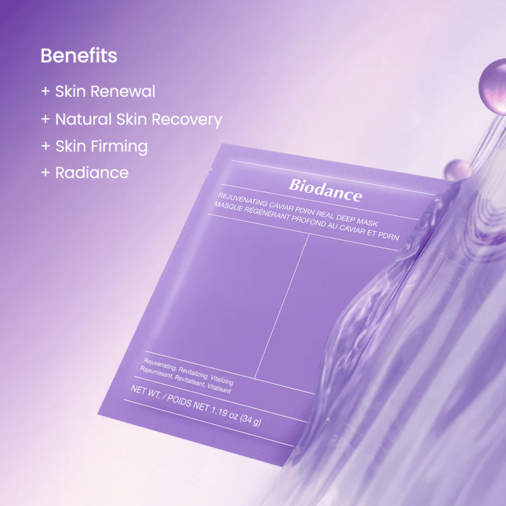 Biodance Rejuvenating Caviar PDRN Real Deep Mask på modell med naturlig lyster och synlig glow efter användning
