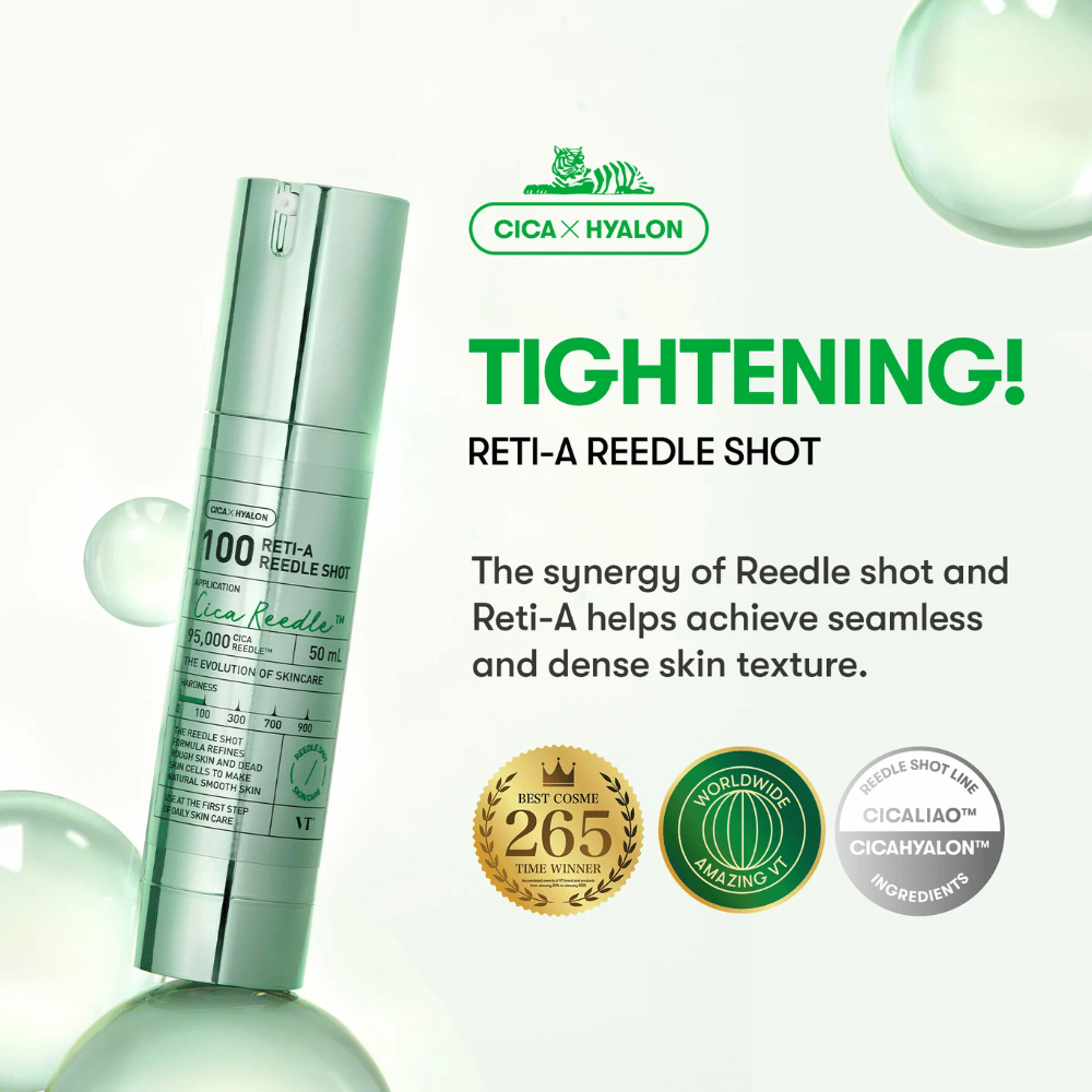 Produktbild på VT Reti-A Reedle Shot 100 med fokus på uppstramande effekt, Cica och Hyalon som ger jämnare, tätare och mer elastisk hud.